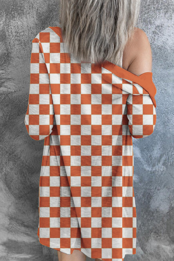 Deep Orange Checkered Button Up Long Cardigan