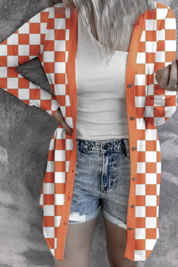 Deep Orange Checkered Button Up Long Cardigan
